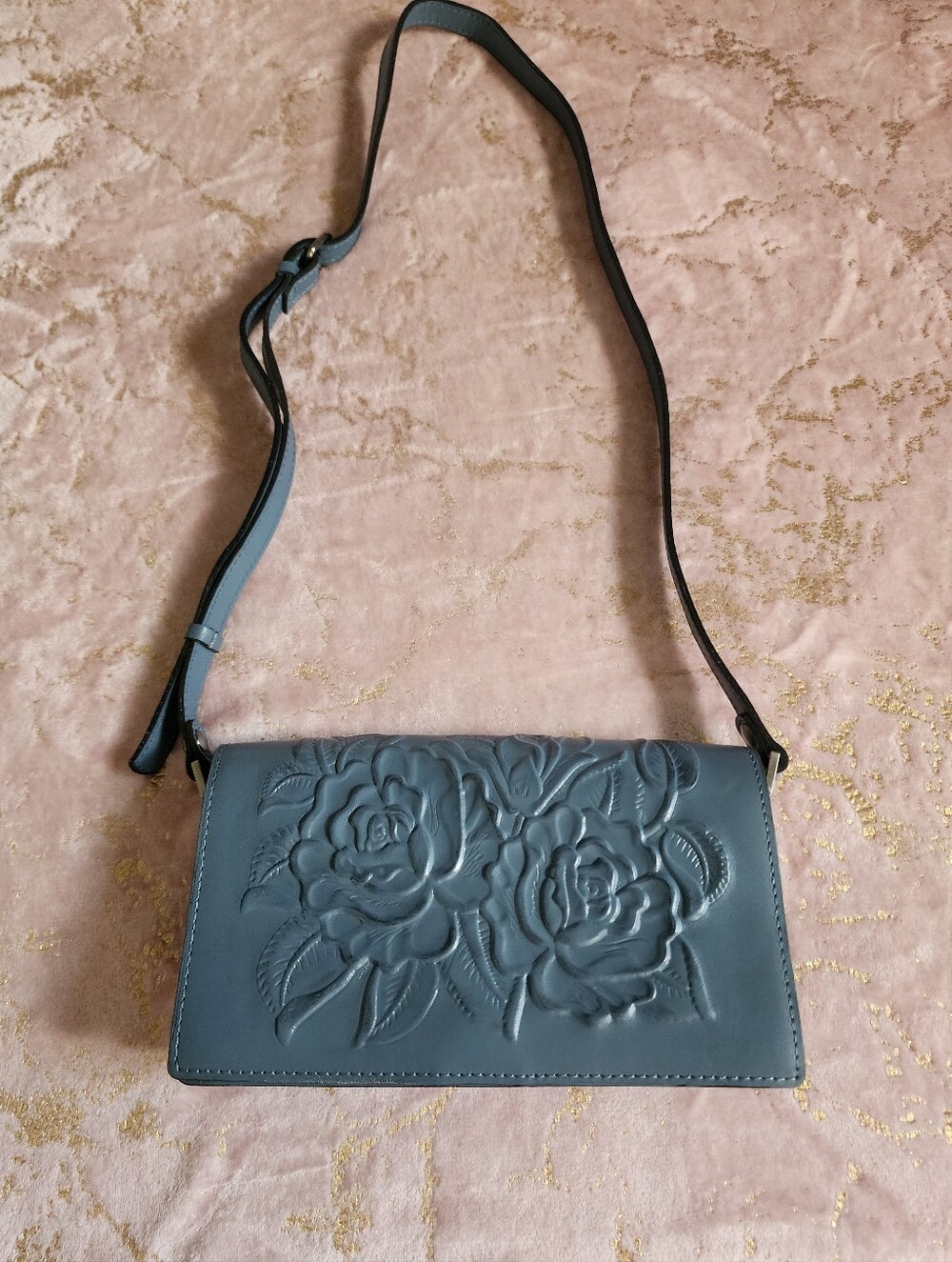 Patricia Nash | Blue Floral Embossed Leather Crossbody Bag